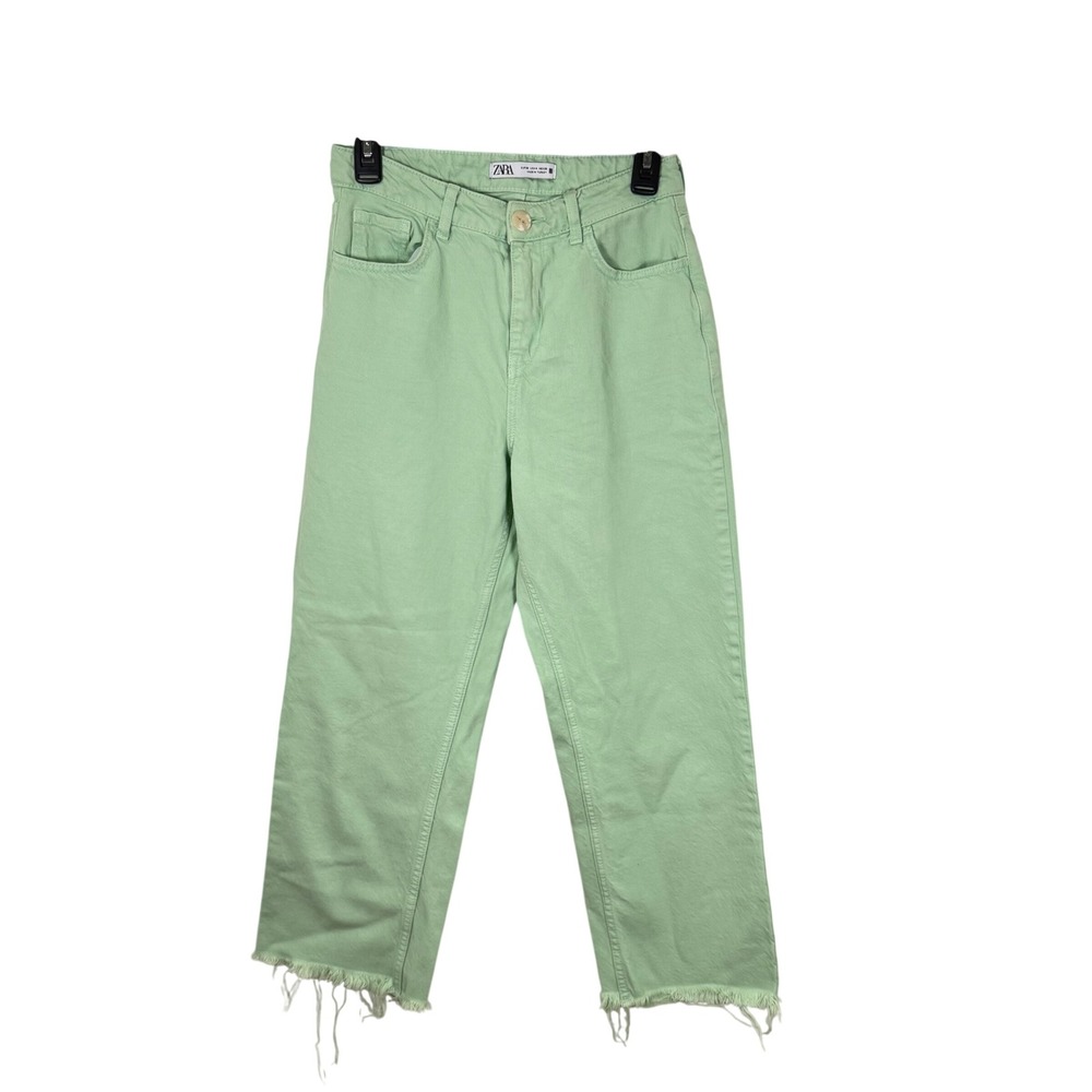 Zara Jeans Womens 4 Mint Green Wide Leg High Rise Raw Frayed Hem Pastel Denim